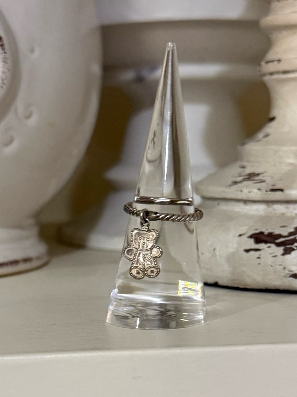 Vintage Sterling Silver Teddy Bear Charm Ring on Rope Band